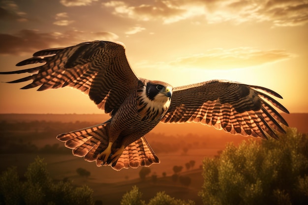 Un halcón volador en el fondo de la naturaleza en la puesta de sol generada por IA