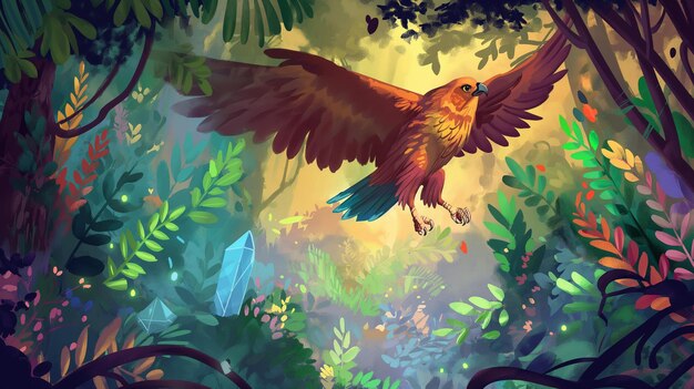 Halcón volando en un bosque tropical con cristales Ilustración