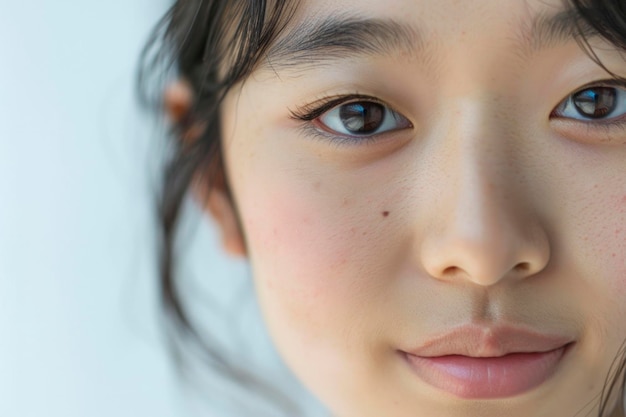 Foto halfface primer plano de una joven asiática con una mirada de introspección tranquila luz proyectando un brillo suave en sus rasgos