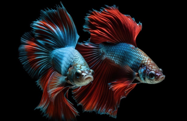 Halfmoon Betta capturar el momento en movimiento hermoso de siam betta pescado sobre fondo negro