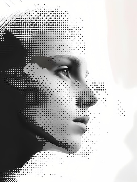 Halftone abstraktes digitales Frauenporträt Silhouette eines menschlichen Kopfes aus Punkten und Partikeln