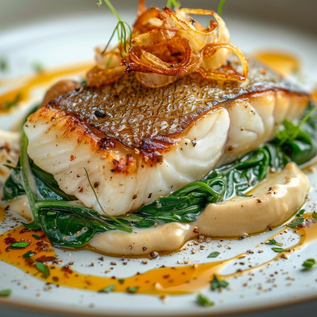 Halibut al horno Filete a la parrilla Alimentos de mar Pelote de pescado blanco o filete de bacalao con crema de pernisona