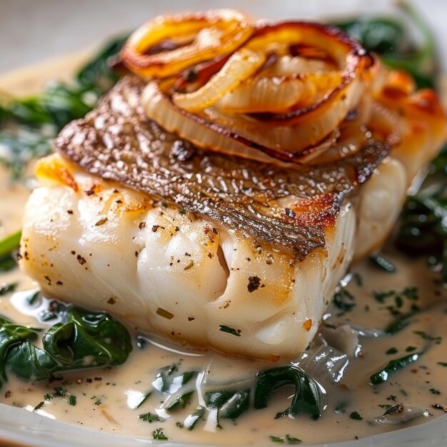 Foto halibut assado filete grelhado alimentos marinhos peixe branco pollock ou bife de bacalhau com creme de parsnip