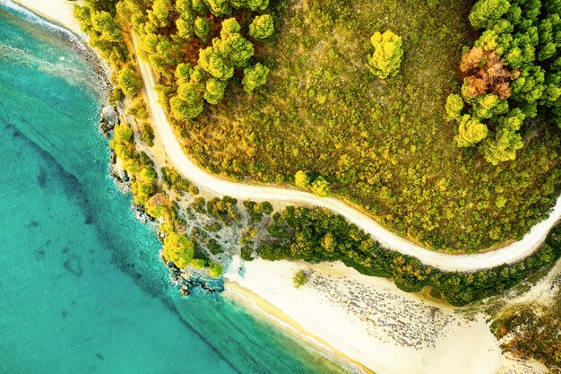 Halkidiki Sitonia de cima da Grécia Fundo de férias de viagem de verão Paisagem com a estrada marítima e a floresta