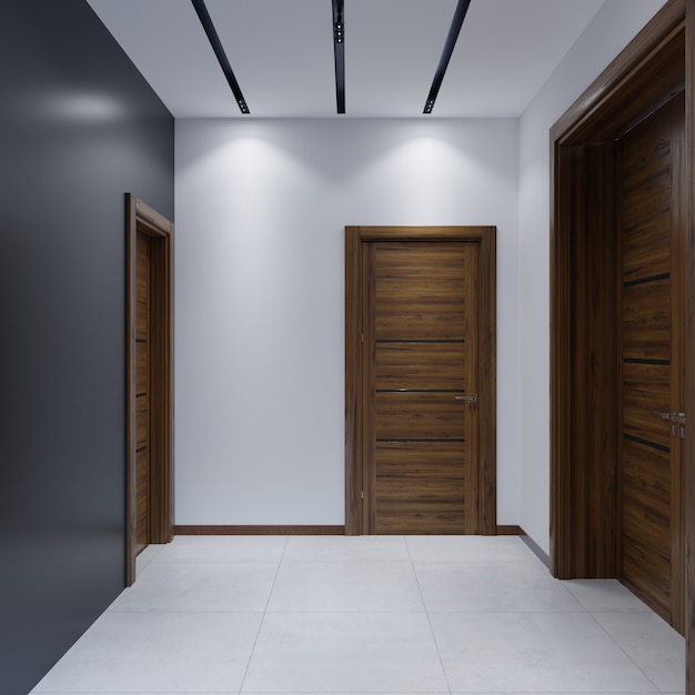 Hall de entrada moderno em estilo minimalista. Renderização 3D.