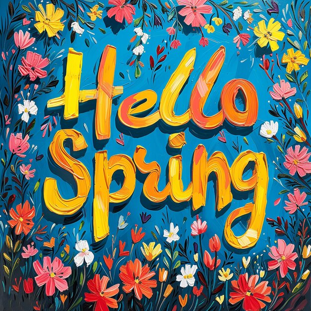 Hallo Frühling lebendige Typografie auf dunkelblau mit blühenden Blumenillustrationen