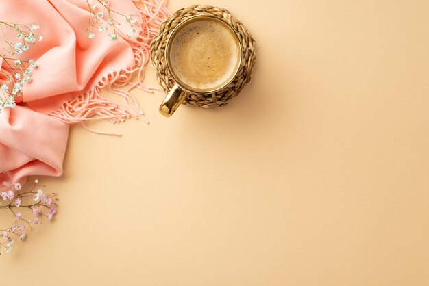 Hallo Frühlingskonzept Top-View-Foto eines Bechers schäumigen Kaffees auf Rattan-Platzmat rosa weiche Plaid und Gypsophila Blumen auf isoliertem pastellbeige Hintergrund mit leerem Raum