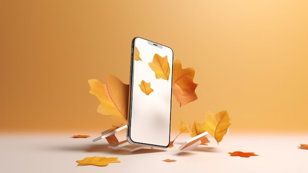 Hallo Herbst Herbsthintergrund mit Herzgruß-App und bunten Blättern über Holzbrett