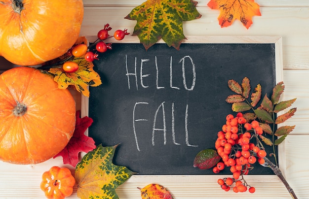 Hallo Herbstkürbisbeeren und abgefallene Blätter mit Kreidetafel