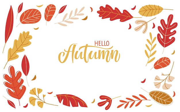 Hallo Herbstvektorillustration fallende Blätter rahmen handgezeichnete Kalligraphiebeschriftung Herbst ein