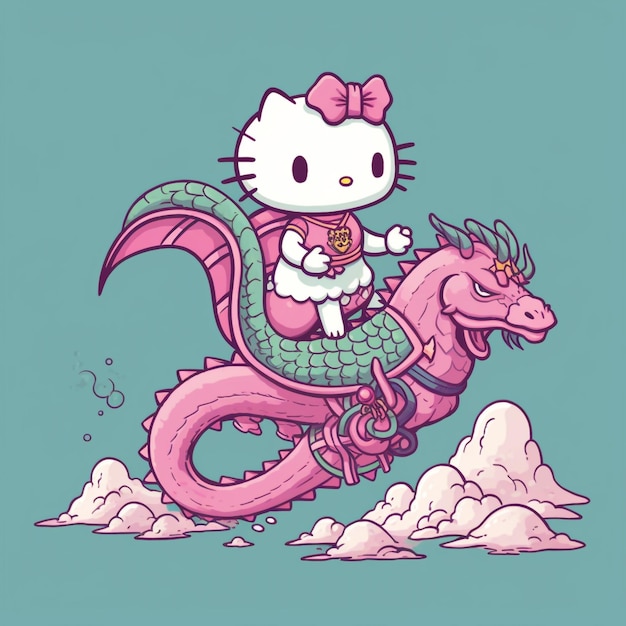 Hallo Kitty reitet auf einem Drachen