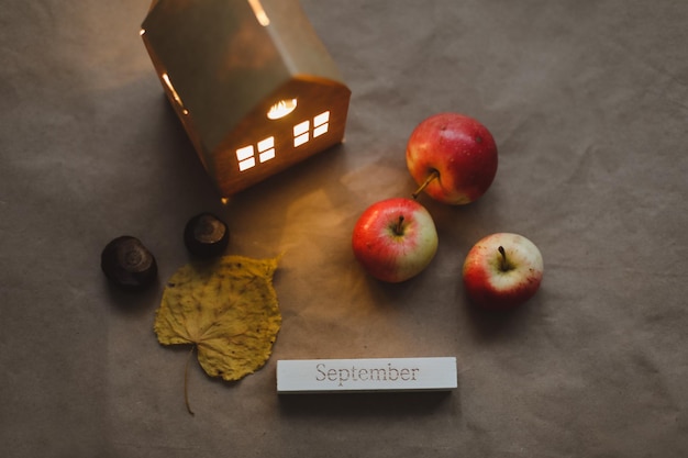Hallo September-Herbstkarte mit frischen roten Äpfeln auf Draufsicht des weißen Hintergrundes