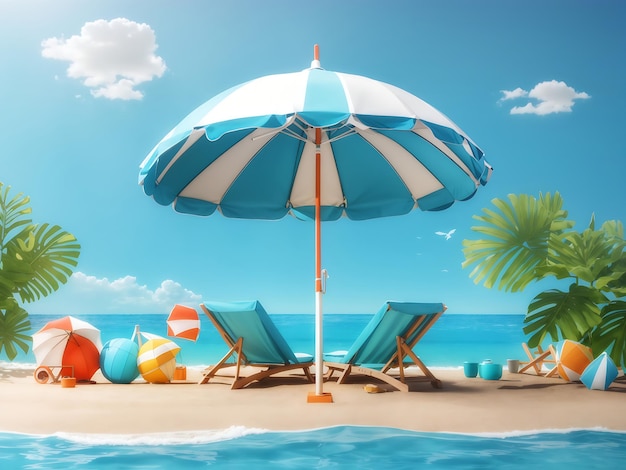 Hallo Sommer Design Text Banner Urlaubskonzept Strandschirm Blauer Hintergrund 3D-Rendering