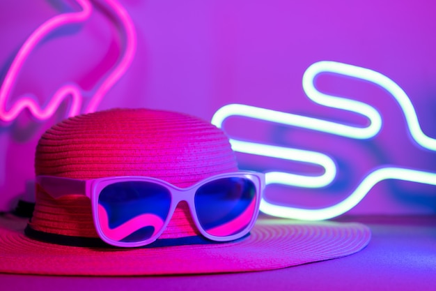 Hallo Sommer mit Hut und Sonnenbrille Refection Flamingo Neonlicht mit Kaktus auf rosa und blauem Licht