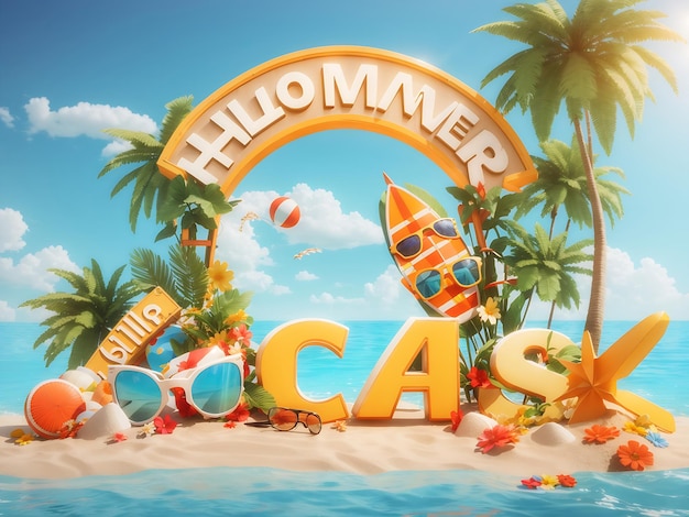 Hallo Sommer Sommer-Strandurlaub-Urlaubsthema mit großem Schild 3D-Rendering