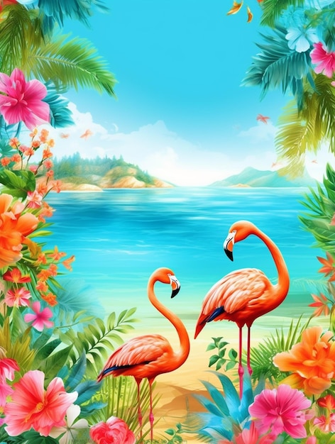 Hallo Sommerstrandplakat mit tropischen Bäumen und Flamingo