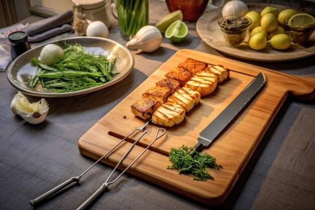 Foto halloumi grelhado com rodelas de limão em tábua de cedro criado com ia generativa