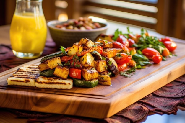 Halloumi en una tabla de cedro con verduras a la parrilla a su lado creado con AI generativa