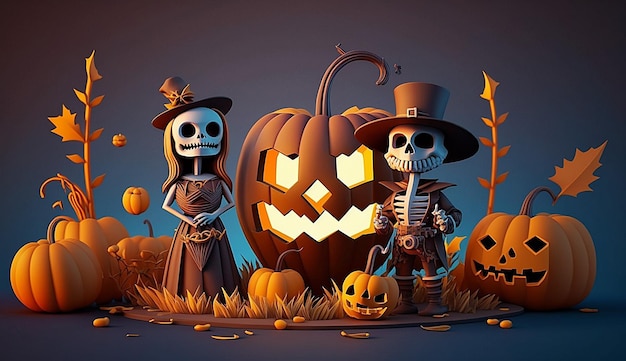 Halloween 3D-Charakter schöne Szene von Geisterkürbissen Hintergrundfotoillustration