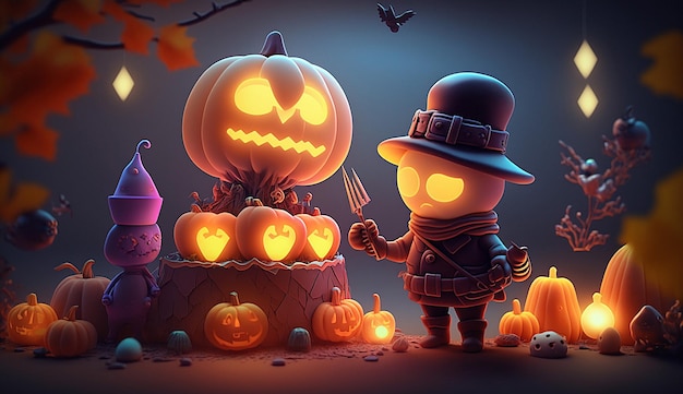 Halloween 3D-Charakter schöne Szene von Geisterkürbissen Hintergrundfotoillustration