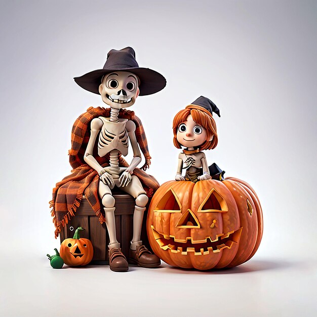 Halloween 3D-Figur mit Kürbisschädel, Vogelscheuche, Fledermäuse, Halloween-Konzeptbild