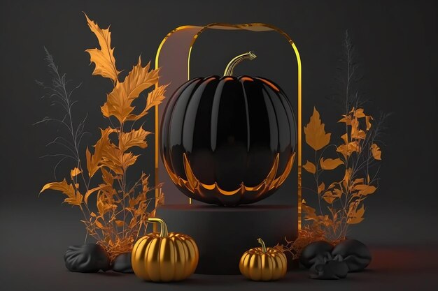 Halloween abóbora preta e dourada com pódio preto