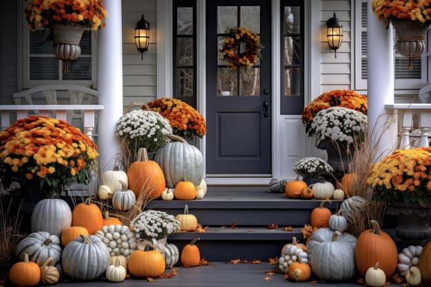 Halloween abóboras jack o 'lanternas flores e cadeiras na varanda da frente decoração exterior da casa