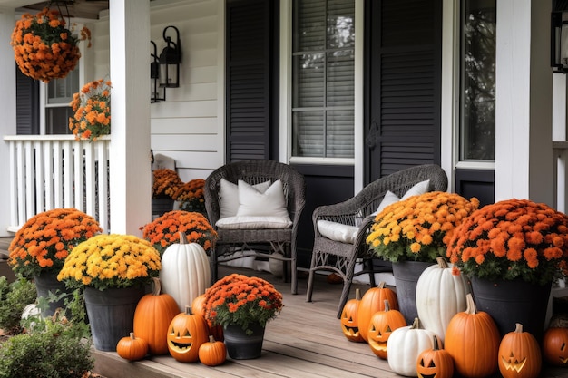 Halloween abóboras jack o 'lanternas flores e cadeiras na varanda da frente decoração exterior da casa