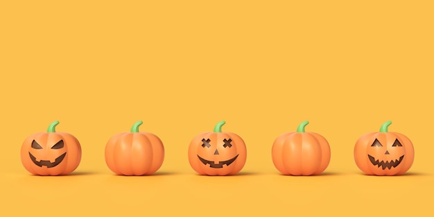 Halloween abóboras laranjas realistas 3D com esculpido assustador sorriso alegre ilustração isolada em fundo laranja cópia espaço renderização 3D