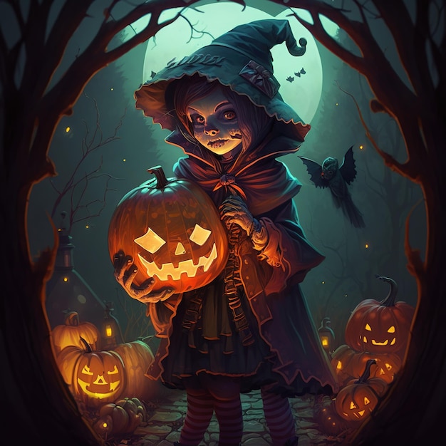 Halloween abóboras no cemitério uma floresta assustadora à noite casa assombrada de bruxas Ai gerado