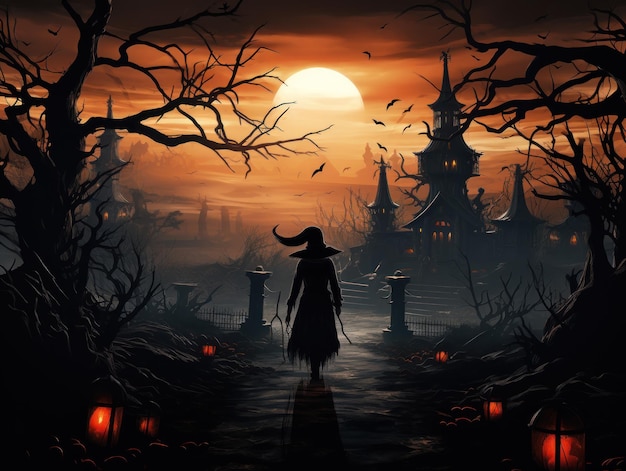 Halloween Alte Hexe und dunkles Schloss mit Friedhof Vollmond gruselige Nacht geheimnisvolle Walddunkelheit