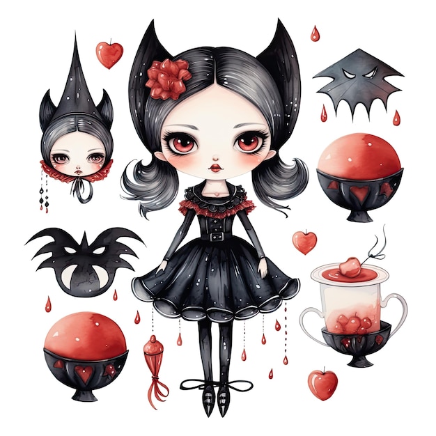 Halloween-Aquarell-Set süße Vampir-Mädchenpuppe