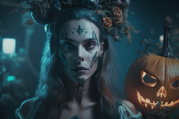 Halloween As almas dos mortos voltaram para suas casas Abóboras bruxas esqueletos feiticeiras espíritos dos mortos noite escura doces doces velas assustadoras Generative AI