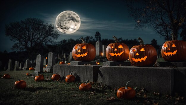 Foto halloween assustador com abóboras no túmulo e árvores na noite conceito de halloween abóbora brilhante