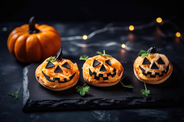 Halloween-Backen auf einem dunklen Hintergrund Verschiedene Desserts und kleine saisonale Kuchen Generative KI