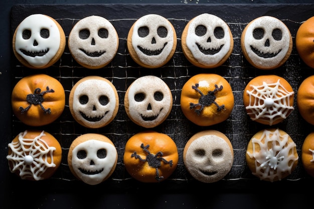 Halloween-Backen auf einem dunklen Hintergrund Verschiedene Desserts und kleine saisonale Kuchen Generative KI