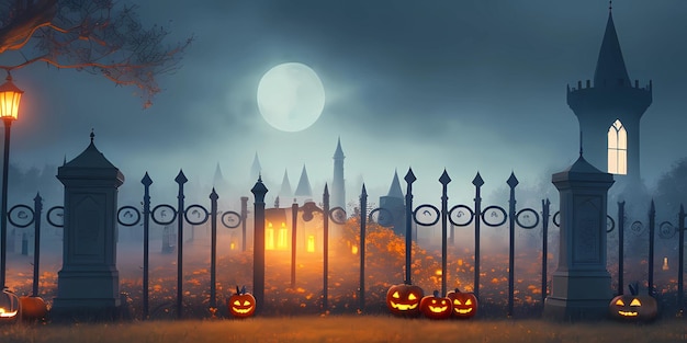 Halloween-Banner-Illustration in dunklen kühlen Farben mit orangefarbener Beleuchtung mit einem mysteriösen Friedhof und einem Zaun im gotischen Nachtstil Digitaler Zeichnung KI-Generation