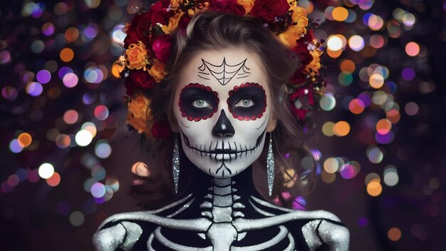 Foto halloween beleza retrato de um esqueleto mulher da morte bokeh brilho a maquiagem no rosto