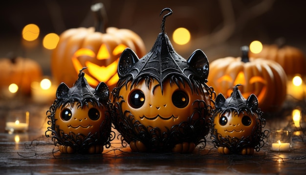 Halloween brinquedo de pelúcia com abóboras e velas boneco espantalho com um crânio no feriado de Hallo