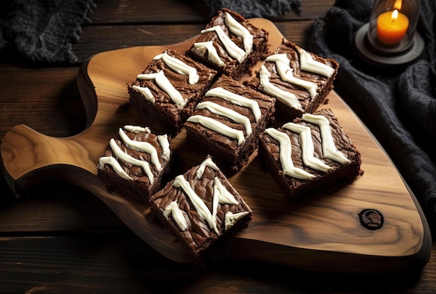 Halloween-Brownies auf einem alten Holzbrett