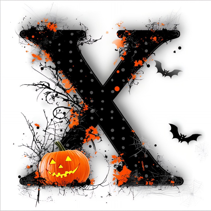 Foto halloween buchstabe x mit kürbis und fledermäusen