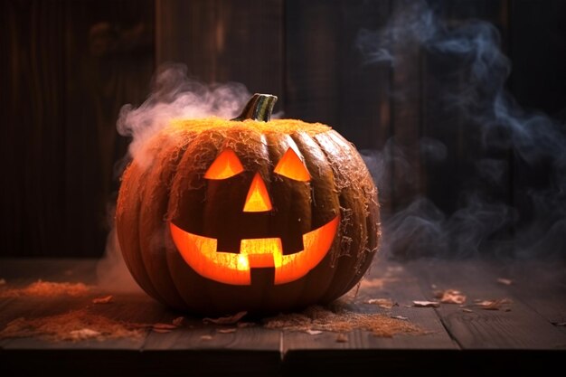 Halloween cabeça de abóbora jack o lanterna com rosto brilhante em fundo de mesa de madeira
