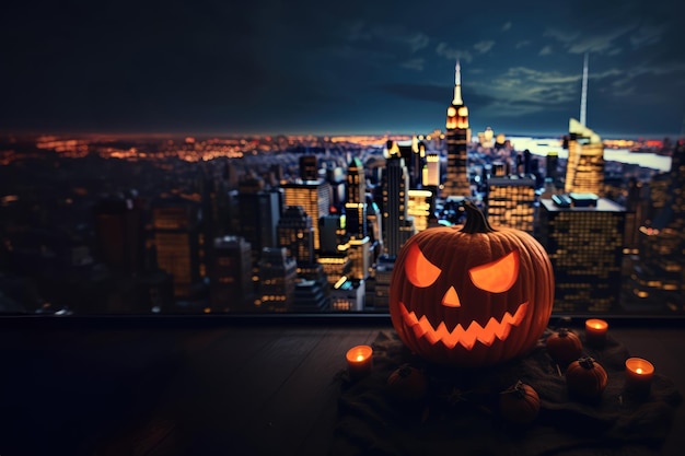 Halloween cabeça de abóbora jack o lanterna e o horizonte da cidade de Nova York à noite