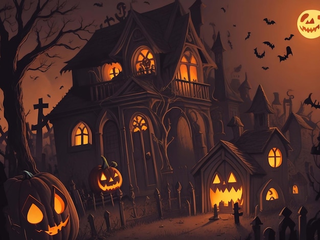halloween calabaza casa embrujada en el cementerio