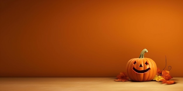 Halloween con calabaza enojada Jack O con hojas de otoño en el tablón de madera aislado en una pared naranja