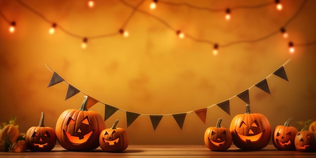 Halloween con calabaza enojada Jack O con hojas de otoño en el tablón de madera en una pared naranja