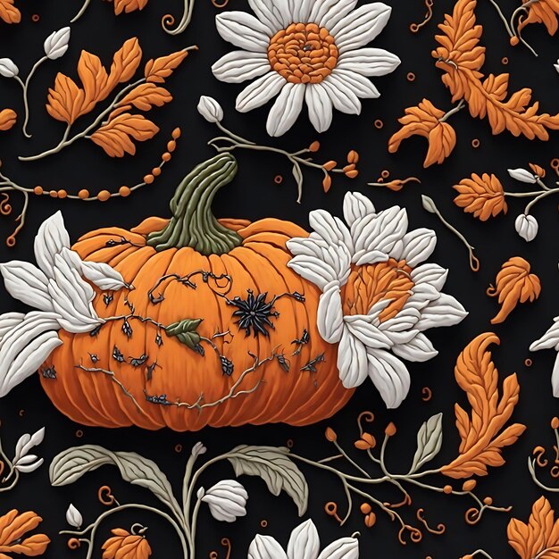 Halloween calabazas bordado patrón sin costura floral impresión de tela sin costura