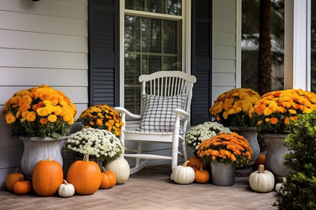 Halloween calabazas jack o 'lanternas flores y sillas en el porche delantero decoración del hogar exterior