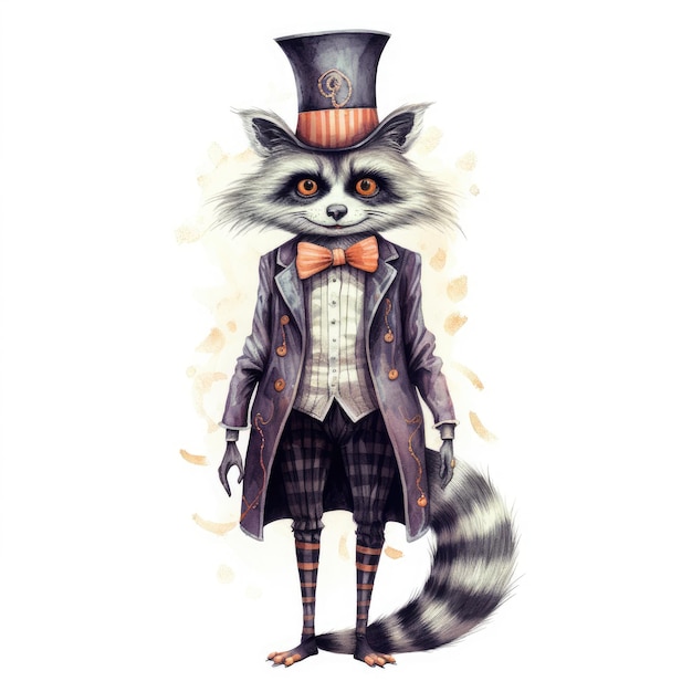 Halloween caprichoso, um desenho animado retrô Anthro Raccoon em perfeição pastel