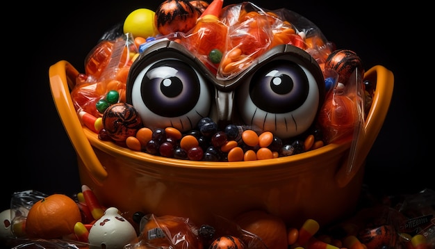 Foto halloween con caramelos en el cubo de caramelos de halloween en el estilo de la fotografía de mesa